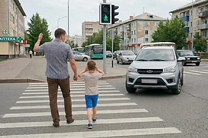 Водитель проехал на зеленый свет для пешеходов и едва не сбил отца с ребенком в Петропавловске